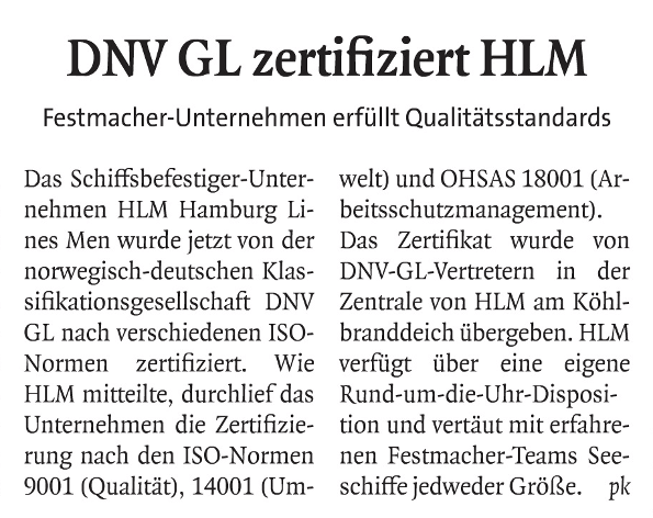 Zertifizierung der HLM Hamburg